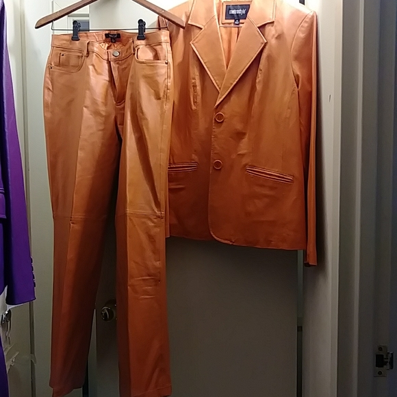 2 Genuine 100% Leather Pant Suits Orange & Purple